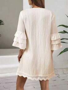 Vestido de mujer con cuello en V bordado con detalles de flecos coloridos, mangas 3/4 con volantes, decoración con flecos, vestido de playa elegante para vacaciones de verano - Albaricoque - Ver 4