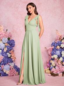 Volly Toych Đầm maxi chiffon màu xanh lá cây nhạt thanh lịch dành cho phù dâu, không tay, cổ chữ V sâu, điểm nhấn là nơ xếp và xẻ tà cao, thích hợp cho đám cưới lãng mạn. - Cây xô thơm bụi - Xem 6