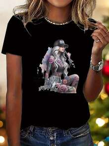 A Women's T-Shirt Featuring Y2K Retro Cartoon Art, Depicting A Tattooed Woman And A Rose Design, Along With The Phrase "Don't Judge Women". It's A Casual Short-Sleeved Top With A Crew Neck. - Black - View 12