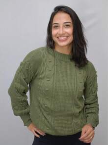 Women's Long-Sleeved Ribbed Blouse With A Round Neck And Braided Knit Details, In A Wool-Like Fabric. - Verde Oliva - Ver 2