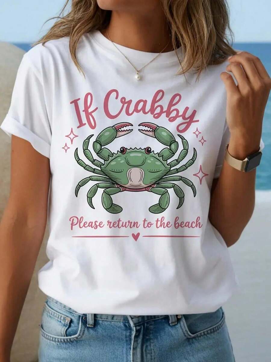 Women's Crab T-Shirt - Fun Short-Sleeved T-Shirt With A Crab Print And The Slogan "If It's A Crab, Please Return It To The Beach." A Loose-Fitting Garment Perfect For Beach Parties, A Gift For Crab Lovers, Suitable For Summer, And A Casual T-Shirt For Crab Enthusiasts. - 黑色 - 查看 1