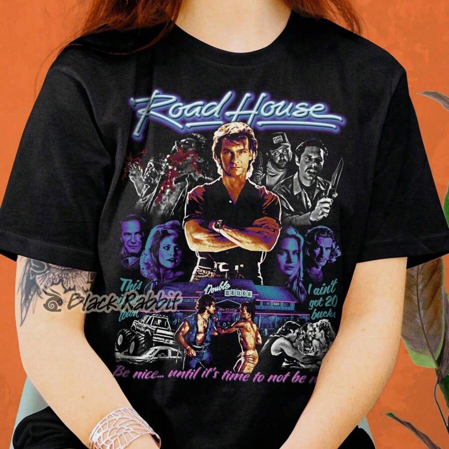 Road House Patrick Swayze 80s R Vintage Uni Clic T- Camiseta 100% Algodón Unisex - Playera Casual Premium de Corte Cómodo - Negro - Ver 1