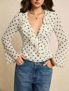 Blusa de moda sexy para mujer con dobladillo con volantes, escote en V profundo, estampado de lunares y mangas acampanadas - Albaricoque - Ver 6