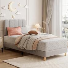 Cama plataforma tapizada para niñas - Cabecera de terciopelo rosa - Listones de madera resistentes - Diseño silencioso, fácil montaje, sin somier - GRIS TWIN-XL - Ver 1