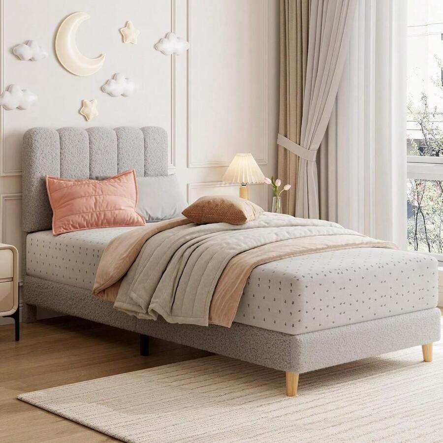 Cama plataforma tapizada para niñas - Cabecera de terciopelo rosa - Listones de madera resistentes - Diseño silencioso, fácil montaje, sin somier - GRIS TWIN-XL - Ver 1