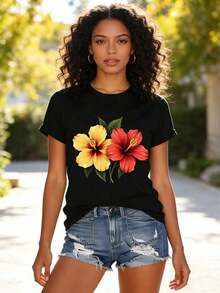 1 Piece Of Women's Clothing, Black Hibiscus Print T-Shirt, Unisex Casual Crew Neck T-Shirt, Lightweight Fabric, Machine Washable, For Spring/Summer/Autumn, Christmas, Valentine's Day, Halloween. 180g 100% Cotton, All Patterns Are Printed. Unisex. - 黑色 2 - 查看 6