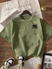 Women's Casual Palm Tree Pattern Round Neck Short Sleeve T-Shirt, Summer Beach Outfits Vacation - Army Green - View 3