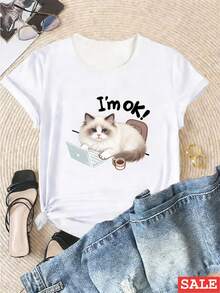 OversizeCamiseta de manga corta estampada para mujer, de corte ajustado, de algodón puro, cómoda y transpirable, una blusa casual de verano encantadora. - Blanco - Ver 6
