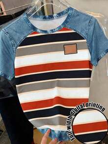 Camiseta casual de mujer de cuello redondo y manga corta con estampado de letras y rayas - Multicolor 9 - Ver 1