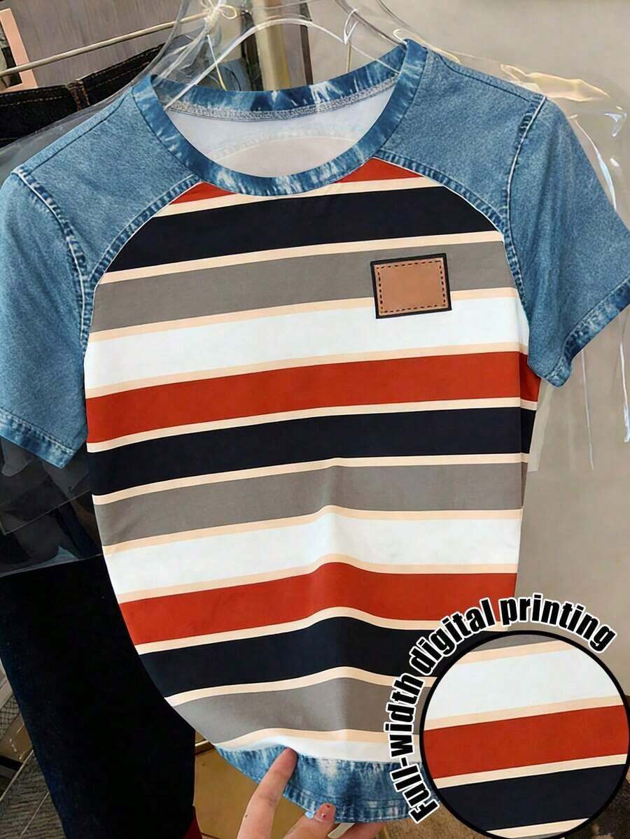 Camiseta casual de mujer de cuello redondo y manga corta con estampado de letras y rayas - Multicolor 9 - Ver 1