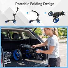 GOFLAME Folding Golf Pull Trolley 3-Wheel Golf Push Cart With Scoreboard Storage Net Umbrella & Cup Holder - Blue - View 3
