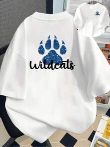 Camiseta con estampado de gatos salvajes, manga corta, cuello redondo, top casual para verano y primavera, ropa de mujer Y2k, camiseta. - Negro - Ver 1