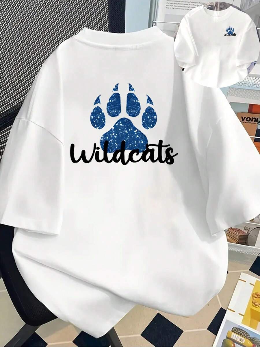Camiseta con estampado de gatos salvajes, manga corta, cuello redondo, top casual para verano y primavera, ropa de mujer Y2k, camiseta. - Negro - Ver 1