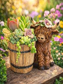 Resin Highland Cow Planter, Succulent Plant Pot, Small Decorative Animal Flower Pot, Suitable Gift For Milk Lovers (Light Brown) - A - View 5