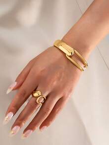 1 Set Fashionable New Geometric Hollow Plated Gold Bracelet And Ring Jewelry Set For Women - Yellow Gold - View 6