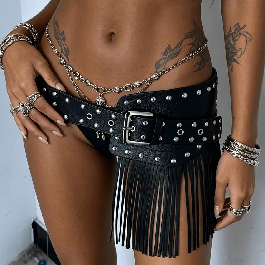 Western Cowgirl Style Black Fringe Rivet Belt, Personalized Wide Leather Belt, Suitable For Dresses And Jeans, Baddie Y2K Punk Rivet Fringe Wide Waist Belt - Multicolor - View 1