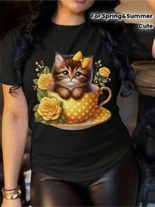 1 pieza Camiseta Cut-CAT Wo Pure - Linda camiseta con estampado de gatito en taza de té de lunares, con estampado floral y cara de gato atigrado, transpirable, de cuello redondo y manga corta, estilo casual, lavable a máquina, regalo de primavera/verano, camiseta caprichosa para amantes de los gatos para atuendo casual, 180g 100% algodón. - Negro - Ver 6