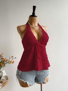 Rusttydustty Plus Size Women Textured Front Tie Halter Neck Top Summer - Red - View 4