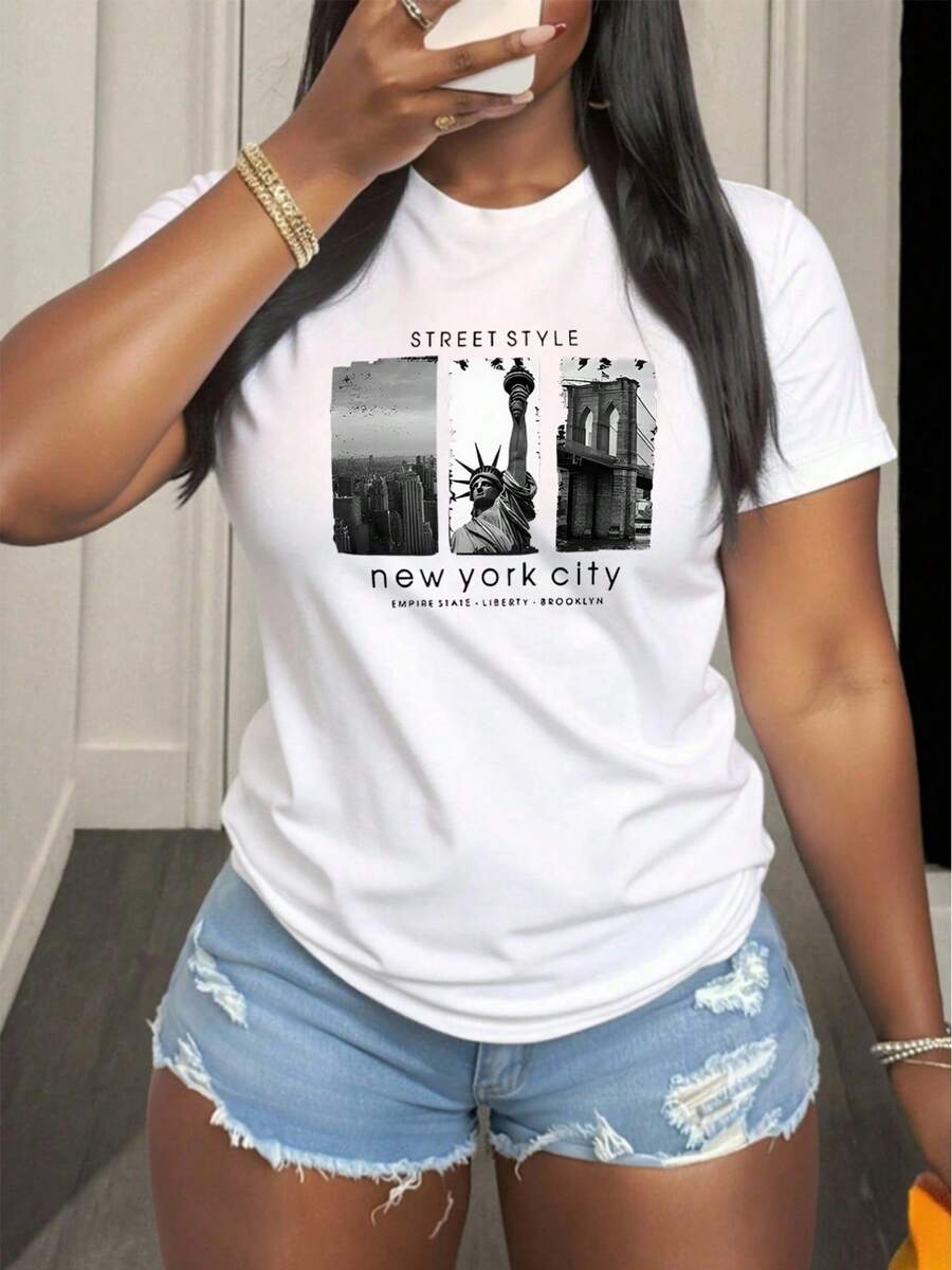 Camiseta Casual de Poliéster para Mujer, Top de Manga Corta Cómodo con Diseño Gráfico de NYC, Perfecta para Fiestas y Atuendos Informales, Regalo Ideal para Amigas, Ligera y Duradera, Adecuada para Actividades en Interiores y Exteriores - Blanco - Ver 1
