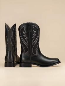 Men's Cowboy Boots Leather Western Style Rugged Comfortable Durable - 黑色 - 查看 4