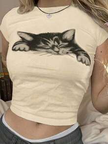 Camiseta casual de manga corta y cuello redondo con estampado de gatos y corte en el abdomen, camisetas gráficas de verano para mujeres - Beis - Ver 4