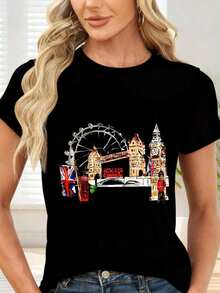 GiftCamiseta de  con Estampado de Londres y Monumentos Iconicos para Viajes y OcioSoft - Negro - Ver 1