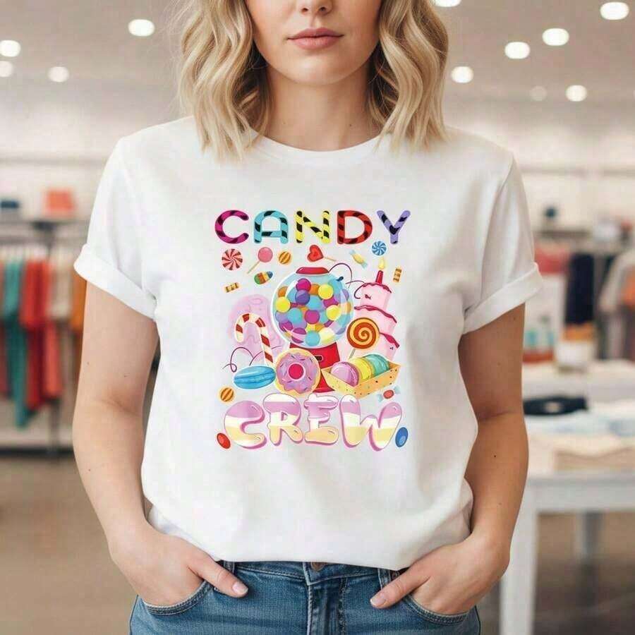 Women's Candy Crew Graphic Print Cotton T-Shirt, Crew Neck, Short Sleeve, Casual Style, Sizes S-5XL, Sweet Donut And Lollipop Design, Loose Fit For Everyday Wear, Soft, Breathable And Comfortable, Summer Basic T-Shirt. Versatile For Casual Daily Wear. Soft - 白色的 - 查看 1