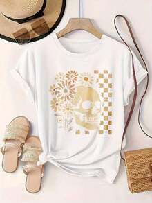 Camiseta Casual de Moda para Mujer con Diseño de Estampado Dorado de Calaveras y Flores en Cuadros, Adecuada para Todas las Temporadas  
 -Blanco - Blanco - Ver 2