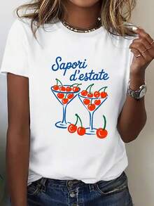 Ropa de mujer de talla grande, camiseta holgada para mujer con estampado de cerezas y motivos veraniegos italianos - top casual de manga corta y cuello redondo en blanco con letras azules, tela transpirable adecuada para primavera y verano, viajes a la playa, salidas diarias y uso casual - lavable a máquina. - Blanco - Ver 4