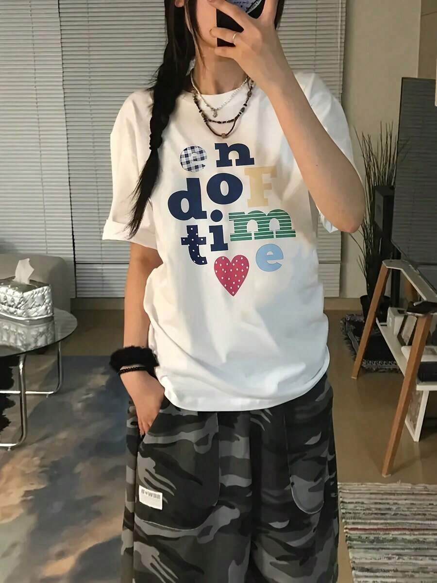 Women's Vintage Loose Fit T-Shirt With Letter And Fruit Print, Casual Everyday Style, Short Sleeve - Knitted, Perfect Choice For Summer. Comfortable Women's Fashion - Soft And Suitable For Everyday Casual Wear. Women's Oversized Printed T-Shirt, 100% Pure Cotton - 白色 - 查看 1