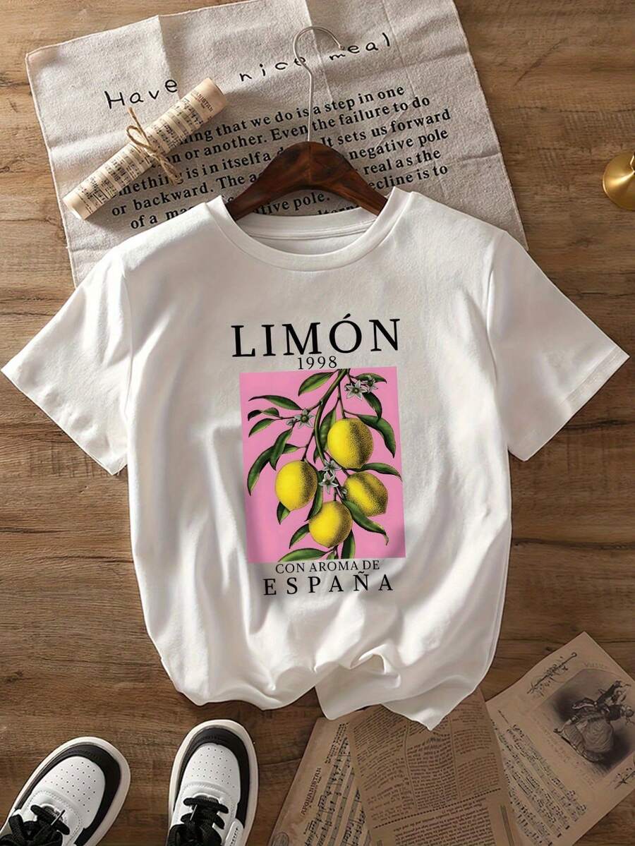 Women's T-Shirt With White Lemon And Spain Graphic Print - Short Sleeve, Round Neck, Casual Style, Lightweight For Summer And Spring, With Pink Background, Machine Washable, Casual Wear, Semi-Transparent Material, Y2k T-Shirt - 白色 - 查看 1