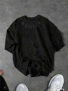 Sport MetroGents Camiseta deportiva de manga corta con cuello redondo y estampado de letras para hombre, verano - Negro - Ver 3