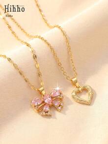 Hihho Bộ 2 chiếc dây chuyền mặt dây chuyền hình nơ và trái tim màu hồng nữ tính, dây chuyền choker nhiều lớp sang trọng, phù hợp với áo hai dây, áo sơ mi, váy, đi làm, hẹn hò, hàng ngày, dự tiệc. - chuỗi xương đòn - Xem 4