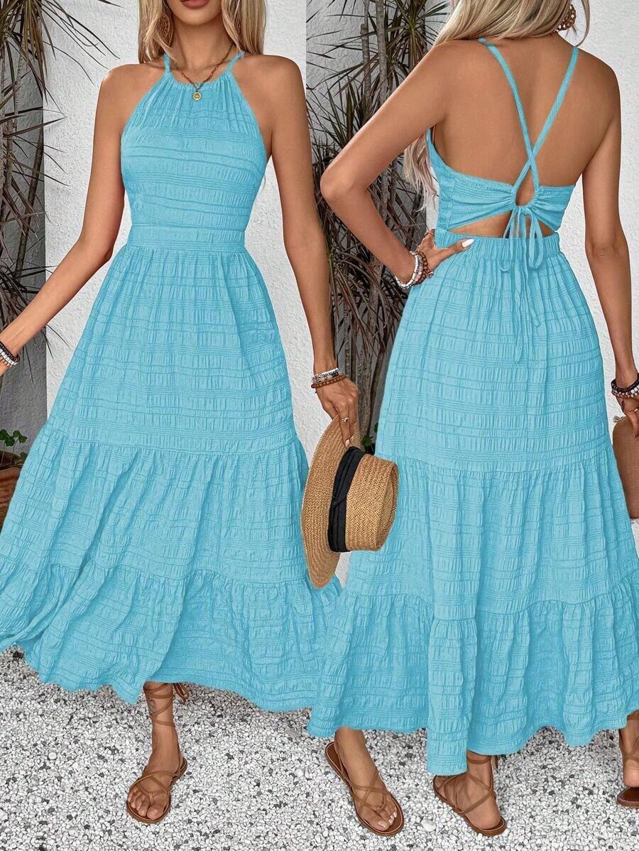 Women Texture Summer Dress With Solid Color, Back Strap, And Frill Hem, Perfect For Holiday Outfits Maxi Beach Beach Vacation - 藍色 - 查看 1