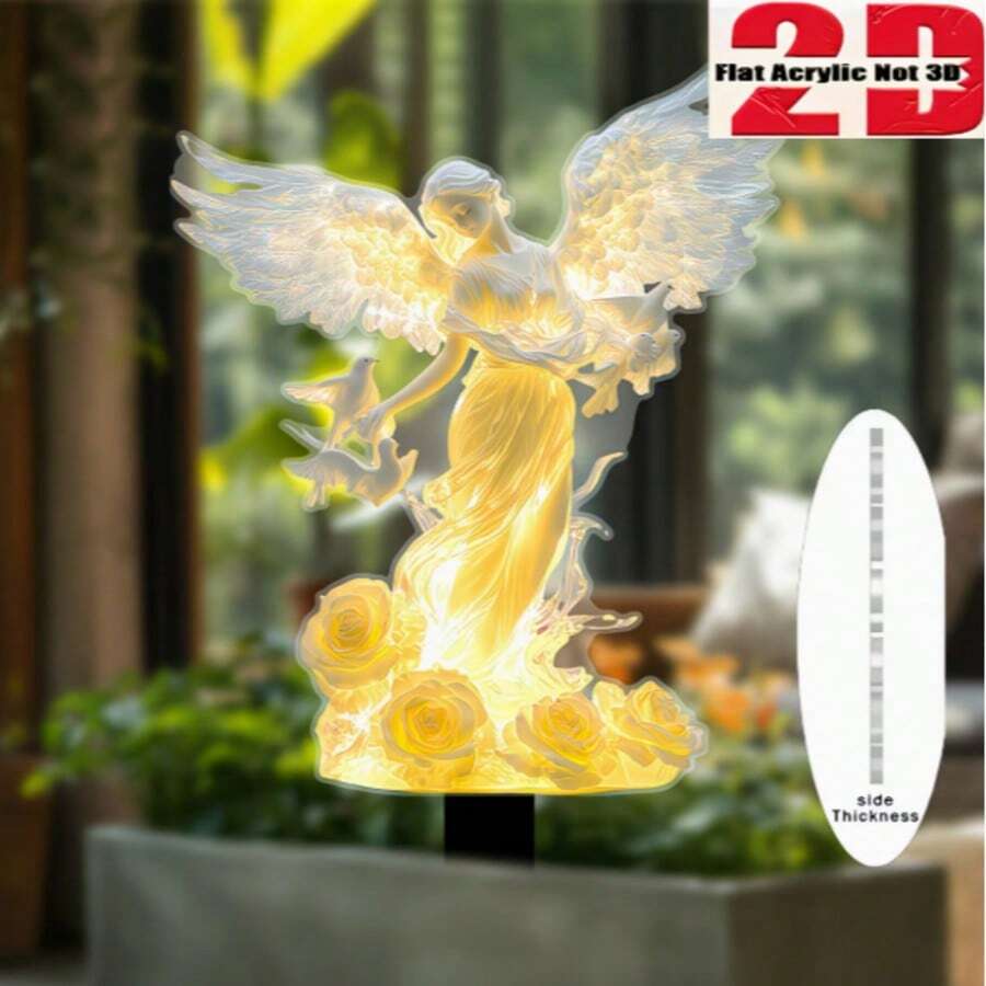 2D扁平天使十字架花园插牌，7.87 x 4.72英寸防刮亚克力装饰柱，户外花盆宗教景观艺术插牌