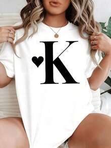 Is The Premium Large Letter K Included? From A Small Heart That Conveys Affection And Personalization, Ideal For Expressing Love In A Modern Style. Women's T-Shirt, 100% Cotton, 220g, - 白色 - 查看 9