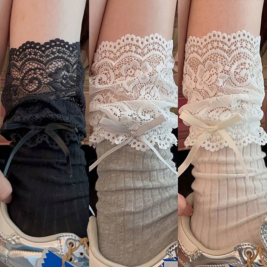 Calf Socks Paired With Long Boots, Versatile Ballet-Style Lace Socks For Women, Mid-Calf Socks - 1黑 - 查看 1