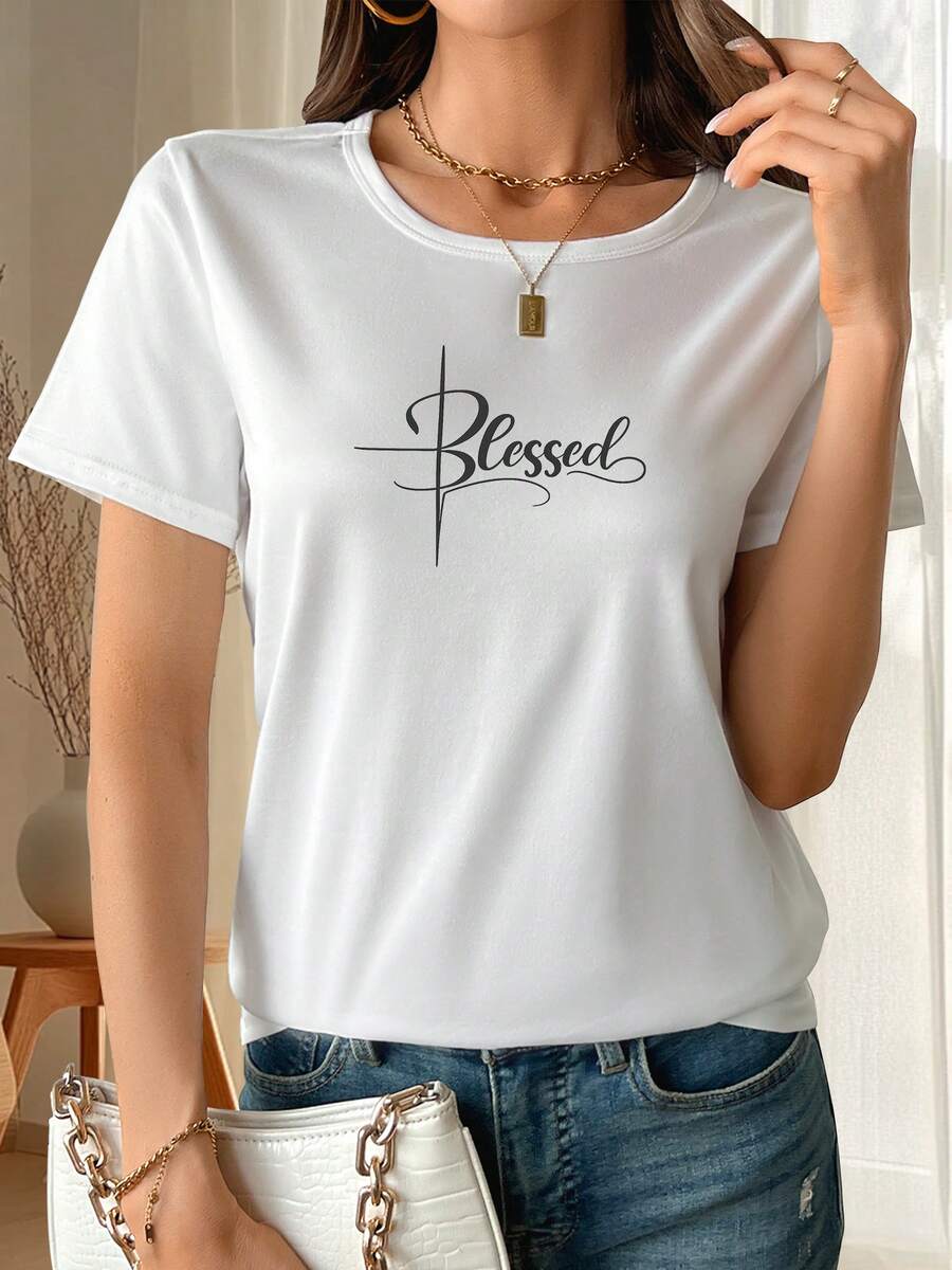 Camiseta de manga corta para mujer, edición limitada, de algodón ligero y transpirable, con estampado (Bendecido), ropa moderna y única, suave y transpirable, elasticidad media, lavable aáquina, top de manga corta, camiseta con cuello redondo estampado, top versátil para uso diario, algodón ligero para mujer. - Blanco - Ver 1