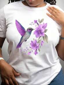 Soft 100% Cotton T-Shirt, Plus Size Casual T-Shirt, Hummingbird Design T-Shirts Are Perfect For Summer Walks, Vacations, Bird Watching And As Gifts For Outdoor Enthusiasts, Soft And Comfortable To Wear, Breathable Cotton T-Shirt, Matches Everything, Great. - 白色 - 查看 1