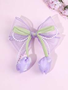1pc Purple Tulip Hair Bow For Women Elegant Faux Pearl Chain Bow Hair Clip Purple Organza Bow Alligator Clip Romantic Bead Chain Bow Hair Barrette Cute Flower Hairpin For Daily Party & Holiday Women Hair Accessories,Travel,Birthday, Claw Clips - Purple - View 1