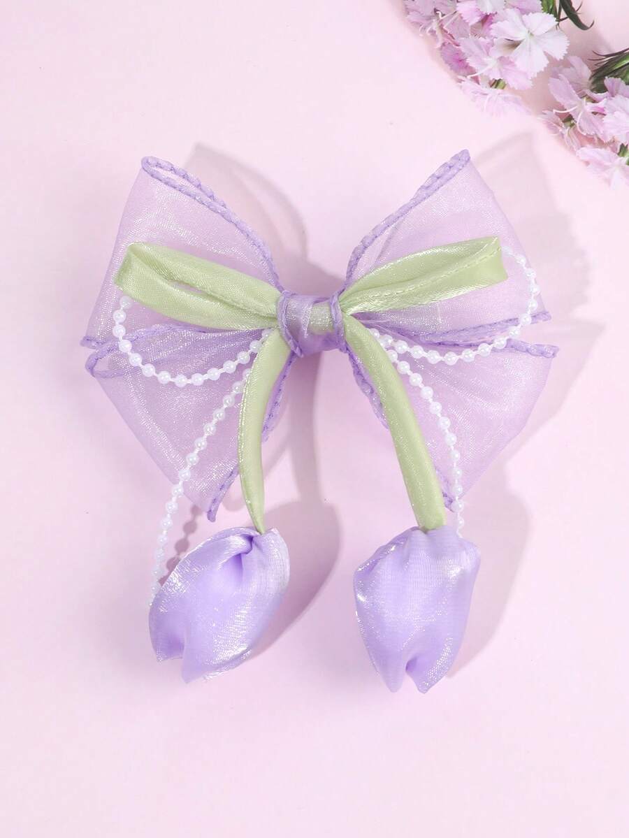 1pc Purple Tulip Hair Bow For Women Elegant Faux Pearl Chain Bow Hair Clip Purple Organza Bow Alligator Clip Romantic Bead Chain Bow Hair Barrette Cute Flower Hairpin For Daily Party & Holiday Women Hair Accessories,Travel,Birthday, Claw Clips - Purple - View 1