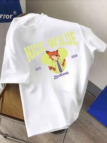 Disney Zootopia Nick Cartoon Pattern T-Shirt, Disney Mad Animal City Nick Pattern - Double-Sided Printed Design, Men's Summer Short Sleeve Shirt, High-Quality 100% Cotton Short Sleeve T-Shirt, Relaxed, Breathable, Casual Short Sleeve, Universal For Men And Women, Disneyland Travel Wear, Couple's Wear, Casual Everyday Wear, Street Wear, Vacation Wear, Campus Wear, The Best Gift - trắng - Xem 2
