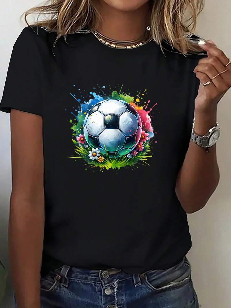 Camiseta suave 100% algodón para mujer, de cuello redondo y estampada, serie de ropa para EE. UU., México y Canadá, camiseta de cuello redondo de estilo enérgico con estampado floral de temática futbolera, estilo ligero y aireado para ver partidos. Ropa para Fanáticos del Fútbol, Ropa para Animar. Nueva Camiseta de Algodón Transpirable para Primavera/Verano, Combina con Todo y es Fresca - Negro - Ver 1