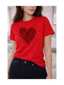 Soft 100% Cotton T-Shirt, Short Sleeve, Heart Mosaic Sleeve Print, Romantic Casual Style, Micro Hearts, Breathable Cotton T-Shirt, Goes With Everything, Great. - 紅色 - 查看 6