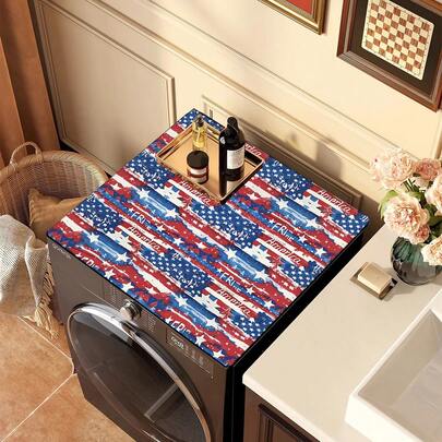 1pc Vintage American Flag Pattern Washing Machine Dust Cover, Rubber Soft Bottom, Laundry Room Accessory, Washing Machine Top Protective Pad, Quick Absorbent And Dry, Refrigerator Dust Cover Pad, Coffee Maker Countertop Absorbent Mat, Diatomite Draining Mat, Modern Laundry Room And Kitchen Appliance Washing Machine And Dryer Dust Cover, Home Decor, Kitchen And Dining Room Decor
