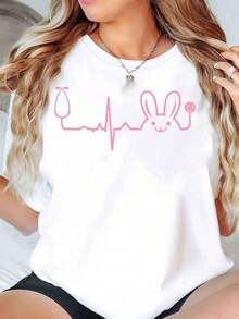 Designed For Modern, Stylish, And Comfortable Women. This Women's T-Shirt Features An Easter Bunny And Heartbeat Print, Perfect For Easter. It Has A Casual Crew Neck, Short Sleeves, And Is Soft And Comfortable (220g). Made From Premium Soft And Breathable Fabric, It's Designed For All-Day Comfort And Versatile Everyday Wear, Ideal For Casual Outings. - 白色 - 查看 7