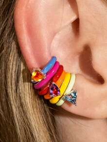 6 piezas de clips de oreja de arcoíris de esmalte colorido, sin perforación, con strass, aretes de estilo hip-hop, joyería versátil para uso diario, regalo para niñas - Multicolor - Ver 2
