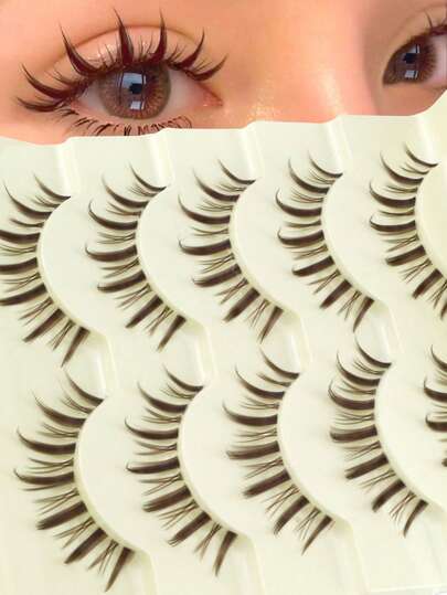 5 Pairs Korean & Japanese Brown Pointed Tail Mini Devil Wet Look Eyelashes, Caramel Color Natural Curly Fluffy Doll Eyelash Extensions For Daily, Date, Party