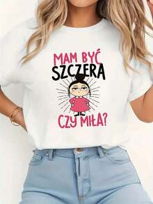 La camiseta blanca "Circle Orientation" presenta una impresión sarcástica en polaco que dice "MAM BY?¿Debo ser honesto o educado?Este elegante top de manga corta está hecho de tela suave y cómoda. - Blanco - Ver 1
