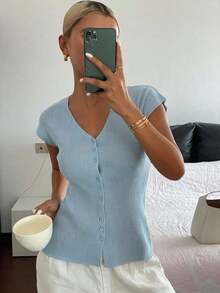 Cárdigan casual de verano para mujer, de unicolor, ajustado, de cuello en V, elástico y delgado - Azul - Ver 6